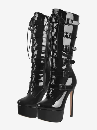 ニーブーツ レディース PUレザー ニーハイブーツ バックル スティレットヒール