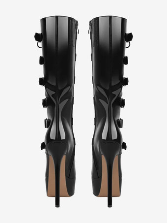 ニーブーツ レディース PUレザー ニーハイブーツ バックル スティレットヒール