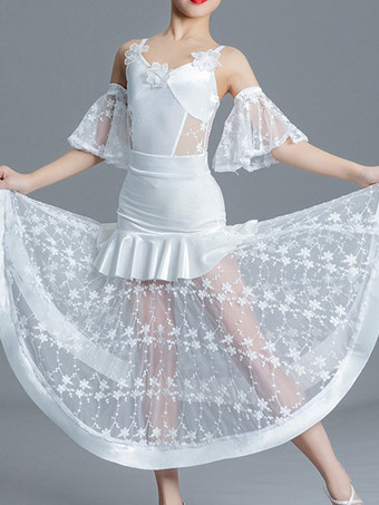 ホワイト 社交ダンス衣装 グリーン 女の子用 ライクラ スパンデックス フリルトップ ダンスウェア