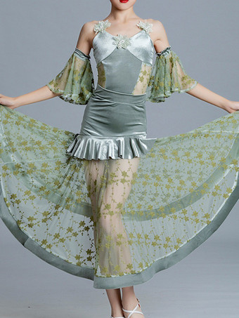 グリーン 社交ダンス衣装 グリーン 女の子用 ライクラ スパンデックス フリルトップ ダンスウェア