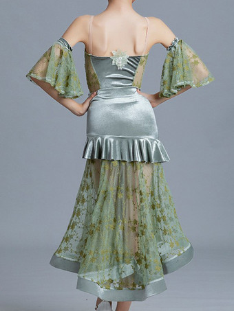 社交ダンス衣装 グリーン 女の子用 ライクラ スパンデックス フリルトップ ダンスウェア