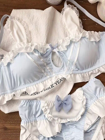 ライトスカイブルーブラ パンティ セット ライト スカイブルー リボン ツートン 2ピース シック 大人用ランジェリー