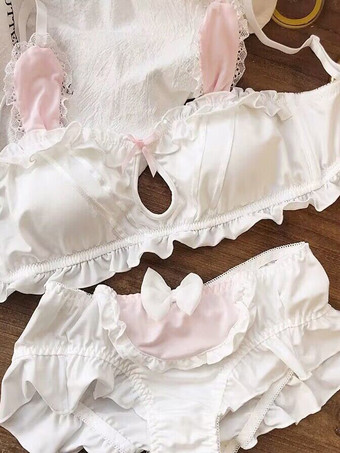 ホワイト ブラ パンティ セット ライト スカイブルー リボン ツートン 2ピース シック 大人用ランジェリー