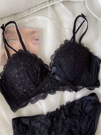 ブラック ブラ パンティ セット アプリコット 刺繍 2 ピース シック 大人用 ランジェリー