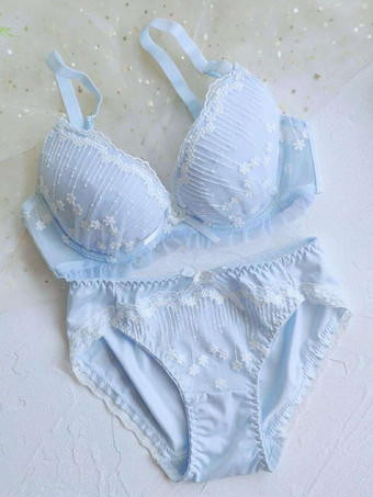 ライトスカイブルーブラジャー パンティ セット ライト スカイブルー レース 2ピース 大人用ランジェリー