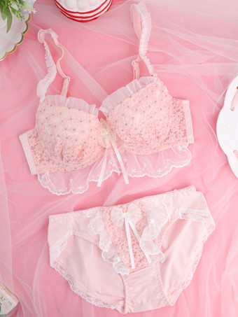 ピンクブラ＆パンティセット ホワイト リボン 2ピース 大人用ランジェリー