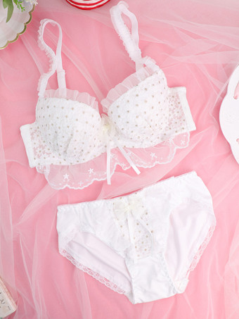 Conjunto de sujetador y braguita con aros y lazos blancos de 2 piezas de lencería dulce Lolita