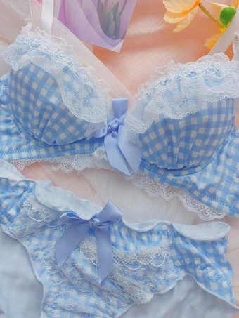 ライトスカイブルーブラ＆パンティセット ピンクリボン チェック柄 2ピース 大人用ランジェリー