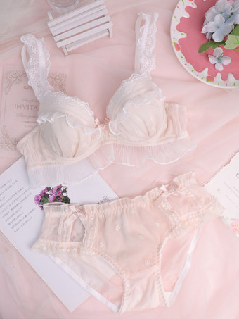 ピンクブラ パンティ セット ホワイト フリル 2ピース 大人用ランジェリー