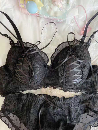ブラック スイートブラ＆ショーツセット ブラックレース 2ピース プッシュアップブラ レディース ランジェリー