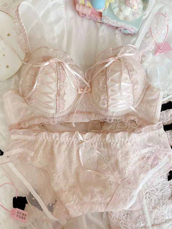 ピンクスイートブラ＆ショーツセット ブラックレース 2ピース プッシュアップブラ レディース ランジェリー
