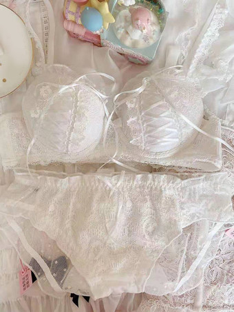 ホワイト スイートブラ＆ショーツセット ブラックレース 2ピース プッシュアップブラ レディース ランジェリー