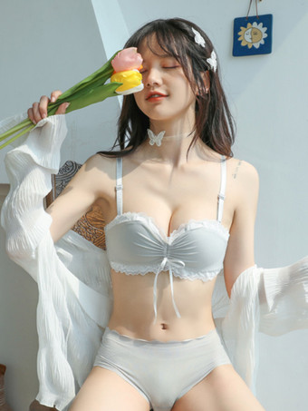 ライトグレープッシュアップブラ＆ショーツセット ワイヤレス ピンクリボン 2ピース 取り外し可能ランジェリー