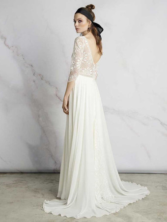 ボヘミアン ウェディングドレス レース カットアウト Aライン トレーン付き バックレス 3/4 丈スリーブ Vネック アイボリー