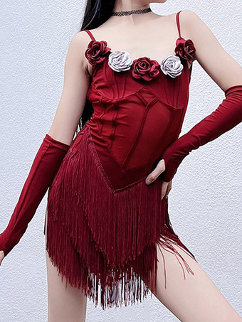 ワインレッド ラテンダンスドレス バーガンディ 女の子用ポリエステルドレス 花柄 ダンスウェア