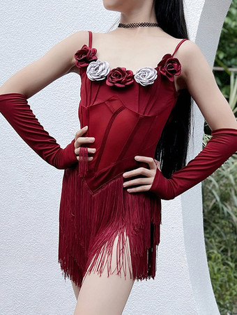 ラテンダンスドレス バーガンディ 女の子用ポリエステルドレス 花柄 ダンスウェア