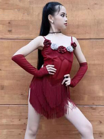 ラテンダンスドレス バーガンディ 女の子用ポリエステルドレス 花柄 ダンスウェア