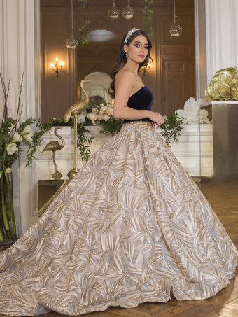 イブニングドレス プリンセスシルエット ストラップレス トレーン付き ノースリーブ ジッパー スパンコール チュール 社交パーティードレス