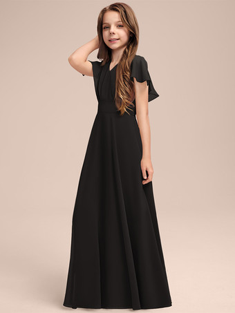 ブラック ホワイトフラワーガールドレス 特別な日のためのドレス セージシフォン半袖Vネックフラワーガールドレス