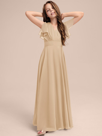 シャンパンカラーホワイトフラワーガールドレス 特別な日のためのドレス セージシフォン半袖Vネックフラワーガールドレス