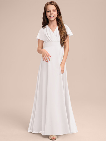 アイボリーホワイトフラワーガールドレス 特別な日のためのドレス セージシフォン半袖Vネックフラワーガールドレス