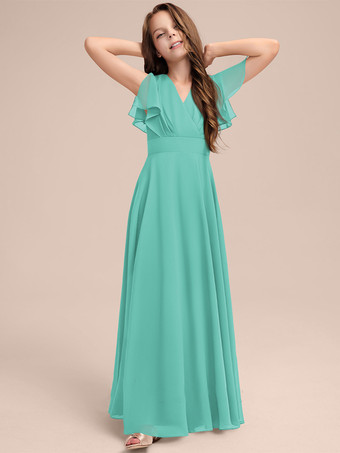 ミントグリーンホワイトフラワーガールドレス 特別な日のためのドレス セージシフォン半袖Vネックフラワーガールドレス