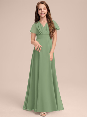 グリーン ホワイトフラワーガールドレス 特別な日のためのドレス セージシフォン半袖Vネックフラワーガールドレス