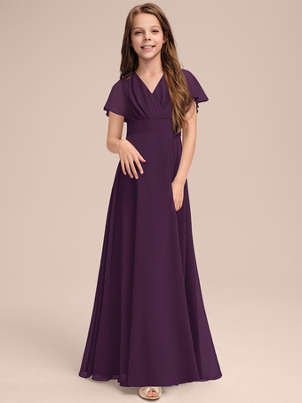 パープル ホワイトフラワーガールドレス 特別な日のためのドレス セージシフォン半袖Vネックフラワーガールドレス