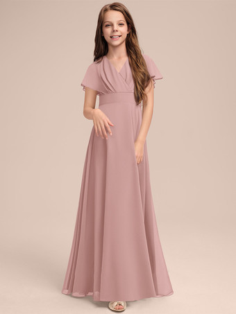 ピンクホワイトフラワーガールドレス 特別な日のためのドレス セージシフォン半袖Vネックフラワーガールドレス