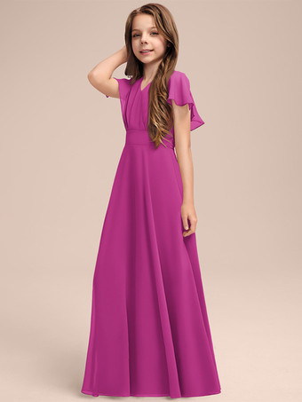 ローズレッドホワイトフラワーガールドレス 特別な日のためのドレス セージシフォン半袖Vネックフラワーガールドレス