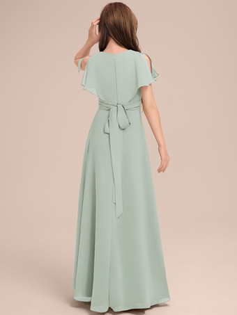 ホワイトフラワーガールドレス 特別な日のためのドレス セージシフォン半袖Vネックフラワーガールドレス