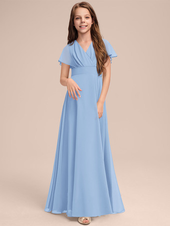 ライトスカイブルーホワイトフラワーガールドレス 特別な日のためのドレス セージシフォン半袖Vネックフラワーガールドレス