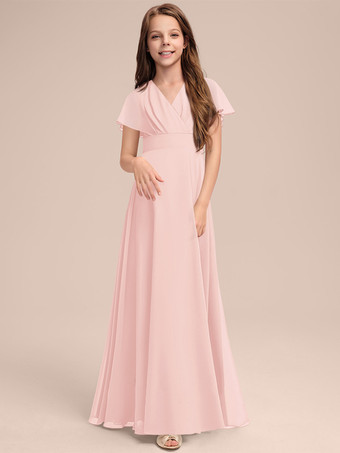 ソフトピンクホワイトフラワーガールドレス 特別な日のためのドレス セージシフォン半袖Vネックフラワーガールドレス