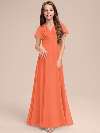 オレンジホワイトフラワーガールドレス 特別な日のためのドレス セージシフォン半袖Vネックフラワーガールドレス