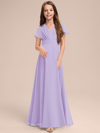 ライラックホワイトフラワーガールドレス 特別な日のためのドレス セージシフォン半袖Vネックフラワーガールドレス