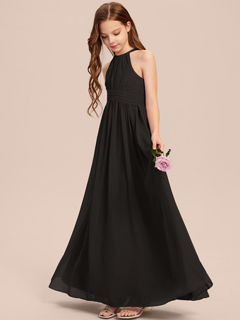 ブラック ホワイトフラワーガールドレス 特別な機会のドレス アイボリーシフォン ノースリーブ デザインネックライン フラワーガールドレス