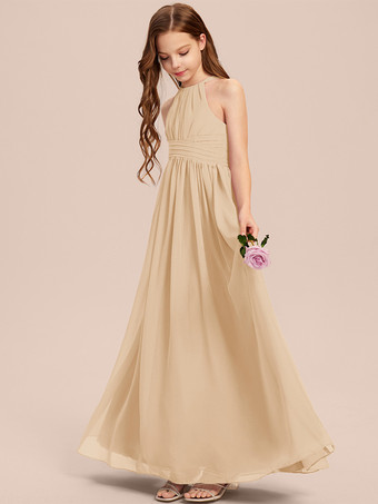 シャンパンカラーホワイトフラワーガールドレス 特別な機会のドレス アイボリーシフォン ノースリーブ デザインネックライン フラワーガールドレス