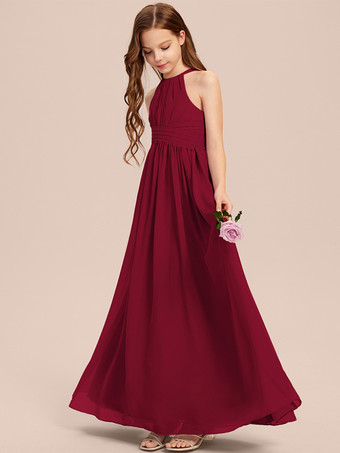 バーガンディーホワイトフラワーガールドレス 特別な機会のドレス アイボリーシフォン ノースリーブ デザインネックライン フラワーガールドレス