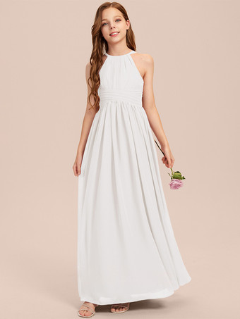 ホワイト ホワイトフラワーガールドレス 特別な機会のドレス アイボリーシフォン ノースリーブ デザインネックライン フラワーガールドレス