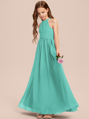 ミントグリーンホワイトフラワーガールドレス 特別な機会のドレス アイボリーシフォン ノースリーブ デザインネックライン フラワーガールドレス