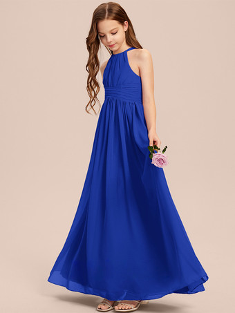 ブルー ホワイトフラワーガールドレス 特別な機会のドレス アイボリーシフォン ノースリーブ デザインネックライン フラワーガールドレス