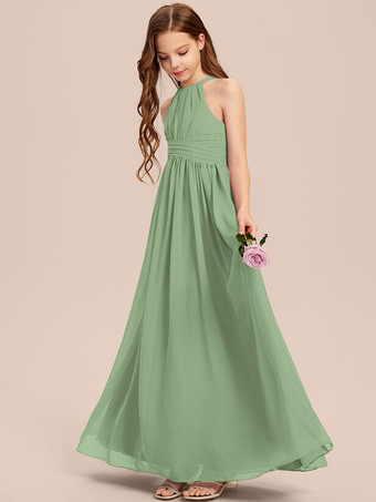 グリーン ホワイトフラワーガールドレス 特別な機会のドレス アイボリーシフォン ノースリーブ デザインネックライン フラワーガールドレス