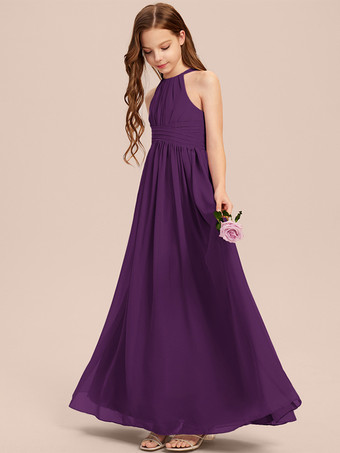 グレープホワイトフラワーガールドレス 特別な機会のドレス アイボリーシフォン ノースリーブ デザインネックライン フラワーガールドレス