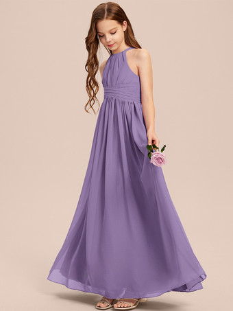 ラベンダーカラーホワイトフラワーガールドレス 特別な機会のドレス アイボリーシフォン ノースリーブ デザインネックライン フラワーガールドレス