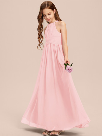 ライトピンクホワイトフラワーガールドレス 特別な機会のドレス アイボリーシフォン ノースリーブ デザインネックライン フラワーガールドレス