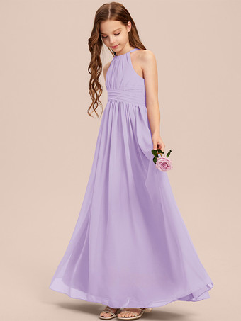 ライラックホワイトフラワーガールドレス 特別な機会のドレス アイボリーシフォン ノースリーブ デザインネックライン フラワーガールドレス