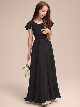 ブラック ホワイトフラワーガールドレス 特別な日のためのドレス ブルーシフォン 半袖 ジュエルネック フラワーガールドレス