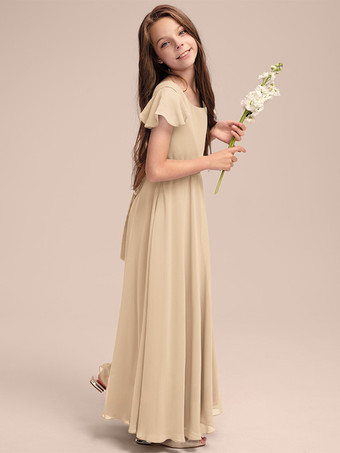 シャンパンカラーホワイトフラワーガールドレス 特別な日のためのドレス ブルーシフォン 半袖 ジュエルネック フラワーガールドレス