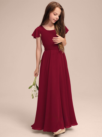 ワインレッド ホワイトフラワーガールドレス 特別な日のためのドレス ブルーシフォン 半袖 ジュエルネック フラワーガールドレス