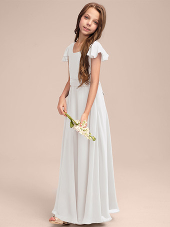 アイボリーホワイトフラワーガールドレス 特別な日のためのドレス ブルーシフォン 半袖 ジュエルネック フラワーガールドレス